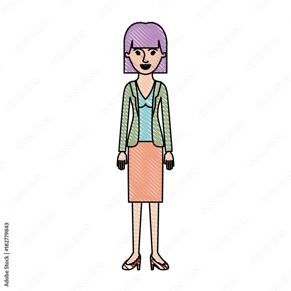 woman full body with blouse and jacket and skirt and heel shoes with mushroom hairstyle in colored crayon silhouette vector illustration woman full body with blouse and jacket and skirt and heel shoes with mushroom hairstyle in colored crayon silhouette vector illustration