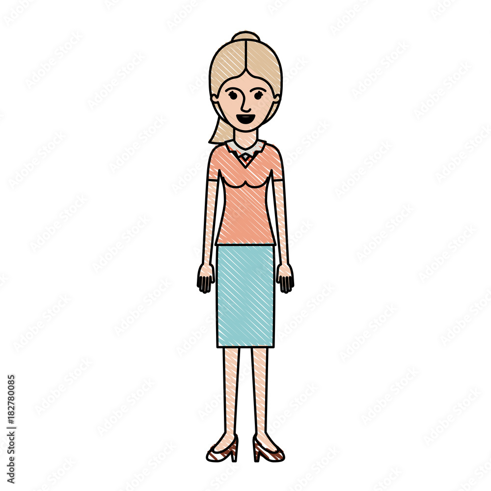 woman full body with blouse and skirt and heel shoes with ponytail hair in colored crayon silhouette vector illustration woman full body with blouse and skirt and heel shoes with ponytail hair in colored crayon silhouette vector illustration