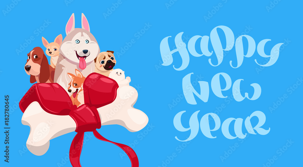 Happy New Year Lettering With Cute Dog On Decorated Bone Background Flat Vector Illustration Happy New Year Lettering With Cute Dog On Decorated Bone Background Flat Vector Illustration