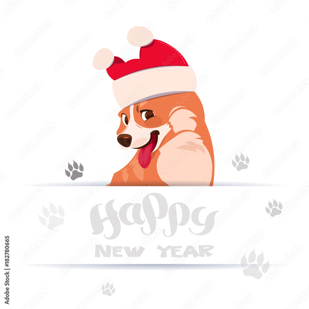 Happy New Year 2018 Greeting Card Design With Lettering And Corgi Dog Wearing Santa Hat Over Foot Prints On White Background Flat Vector Illustration Happy New Year 2018 Greeting Card Design With Lettering And Corgi Dog Wearing Santa Hat Over Foot Prints On White Background Flat Vector Illustration