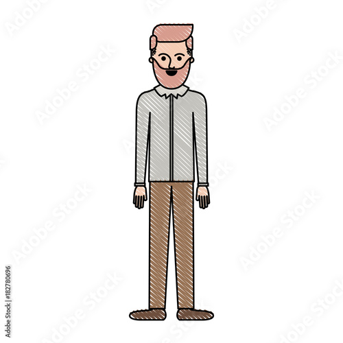 man full body with beard and shirt and pants and shoes with side parted hairstyle in colored crayon silhouette vector illustration