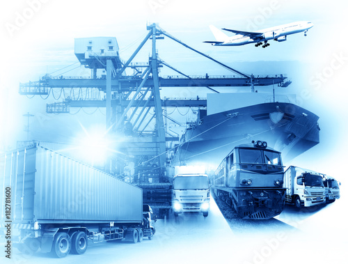Global business of Container Cargo freight train for Business logistics concept, Air cargo trucking, Rail transportation and maritime shipping, Logistics business concept, distribution, delivery, serv