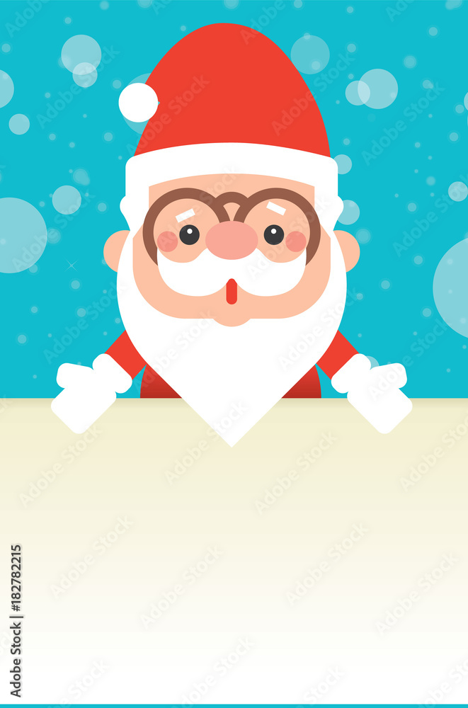 Cartoon cute Santa Claus with big signboard for greeting card. Snows background. Cartoon cute Santa Claus with big signboard for greeting card. Snows background.
