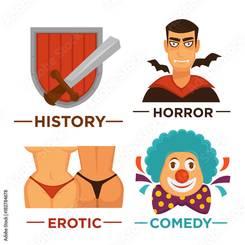 Movie genre icons. Vector flat isolated symbols set for cinema or channel movie genre tag.