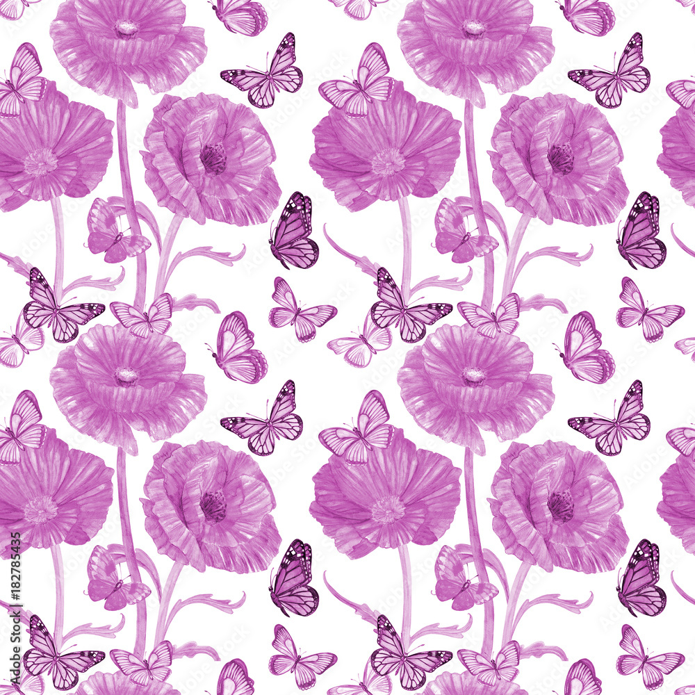 monochrome seamless texture with lilac poppies and butterflies. watercolor painting