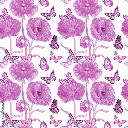 monochrome seamless texture with lilac poppies and butterflies. watercolor painting