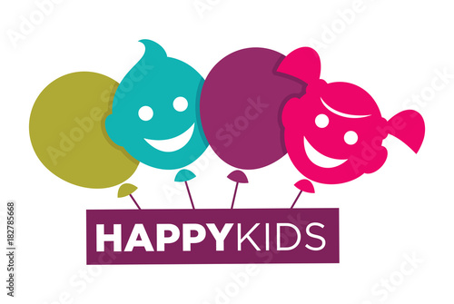 Kids zone logo template of child palm hands and speech bubble with color letters.