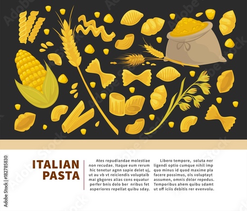 Pasta poster design for Italian food cuisine or macaroni and spaghetti restaurant.