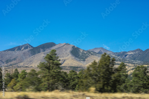 View of the San Francisco Peaks while leaving Flagstaff Arizona
