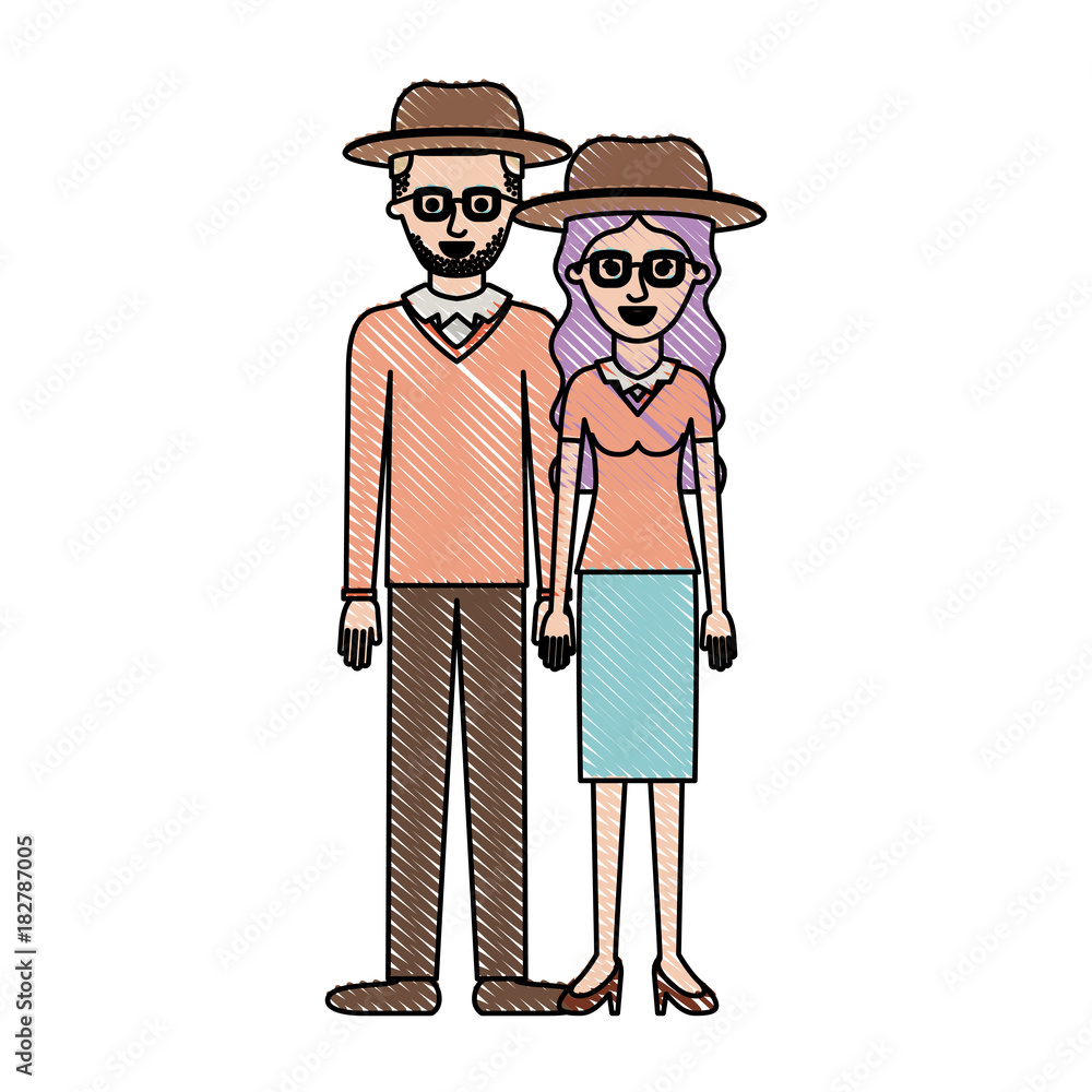 couple in colored crayon silhouette and both with hat and glasses and him with stubble beard and sweater and pants and shoes and her with blouse and skirt and heel shoes with long wavy hair vector couple in colored crayon silhouette and both with hat and glasses and him with stubble beard and sweater and pants and shoes and her with blouse and skirt and heel shoes with long wavy hair vector
