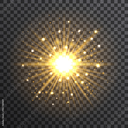 Gold bokeh sunburst on the transparent background, vector illustration