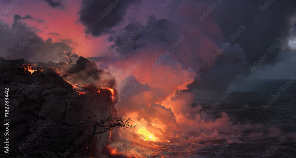 Beautiful volcanic landscape with orange lava flowing into the ocean water, rocks and dry trees against pink sky