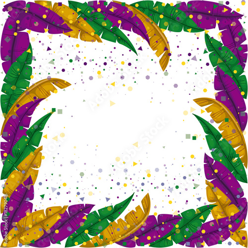 mardi gras frame with feathers and colorful confetti background vector illustration
