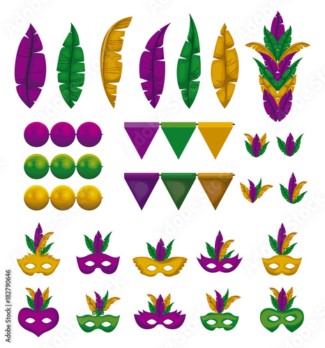 set of colorful mask with feathers festoons and beads on a string vector illustration