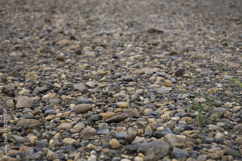 Detail of surface texture with small pebble rock on dirty ground.