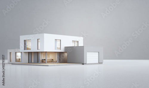 Modern house on white floor with empty concrete wall background in real estate sale or property investment concept, Buying new home for big family - 3d illustration of residential building exterior