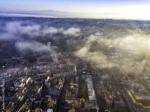 Aerial drone panoramic cityscape, architecture and landmark. View of Rome from the top, Italy