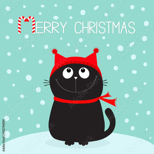 Merry Christmas candy cane text. Black Cat kitten head face looking up. Kitty sitting on snowdrift. Red hat, scarf. Cute funny cartoon character. Flat design. Blue winter background with snow.