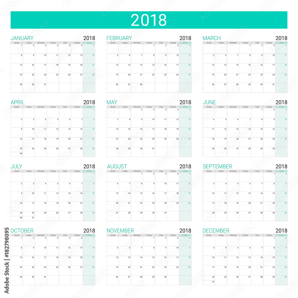 Combination set of 12 month 2018 illustration vector calendars Combination set of 12 month 2018 illustration vector calendars