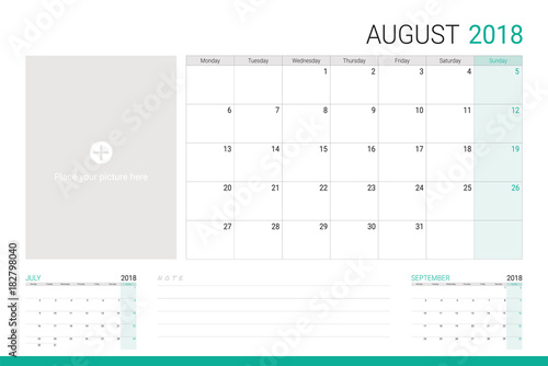 August 2018 illustration vector calendar or desk planner