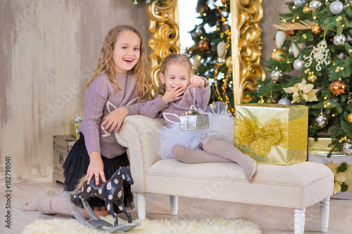 Christmas portrait of two beautyful cute girls Smiling sisters friends and xmas luxury green white tree in unique interior studio with huge golden mirror and fur © TwinkleStudio