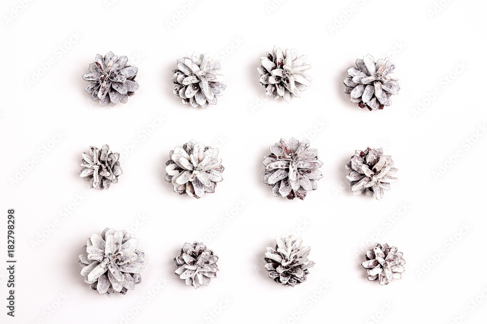 Snow painted pine cones pattern on white background. Top view, flat lay. Snow painted pine cones pattern on white background. Top view, flat lay.