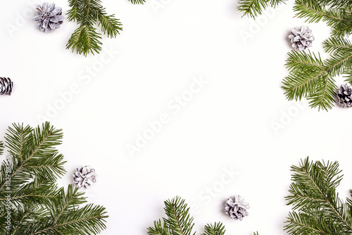 Green Christmas fir tree branches with cones and copy space.