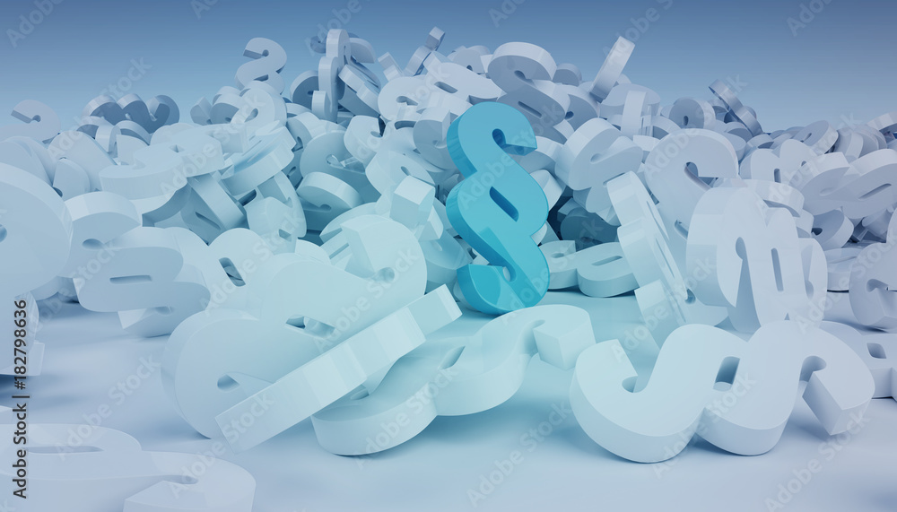 3D rendering law paragraph icons falling on the floor 3D rendering law paragraph icons falling on the floor