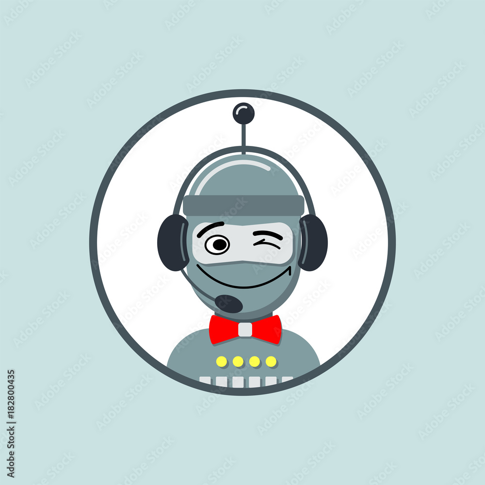 Friendly robot head in headphones. Circle icon for dialog box or popup window. Vector illustration.