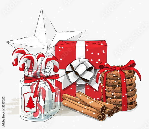 Christmas still-life, red gift box wit white ribbon, cookies, glass jar with candy canes and cinnamon sticks on white background, illustration