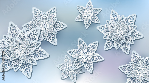 Abstract background with big elements. Openwork snowflakes like flowers. Light blue ang grey colors. Vector illustration.