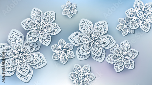 Abstract background with big elements. Openwork snowflakes like flowers. Light blue ang grey colors. Vector illustration.
