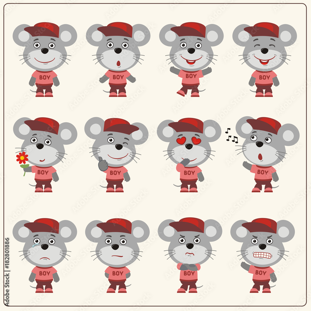 Obraz premium Collection of isolated mouse in clothes and cap. Set of mouse little boy in cartoon style.