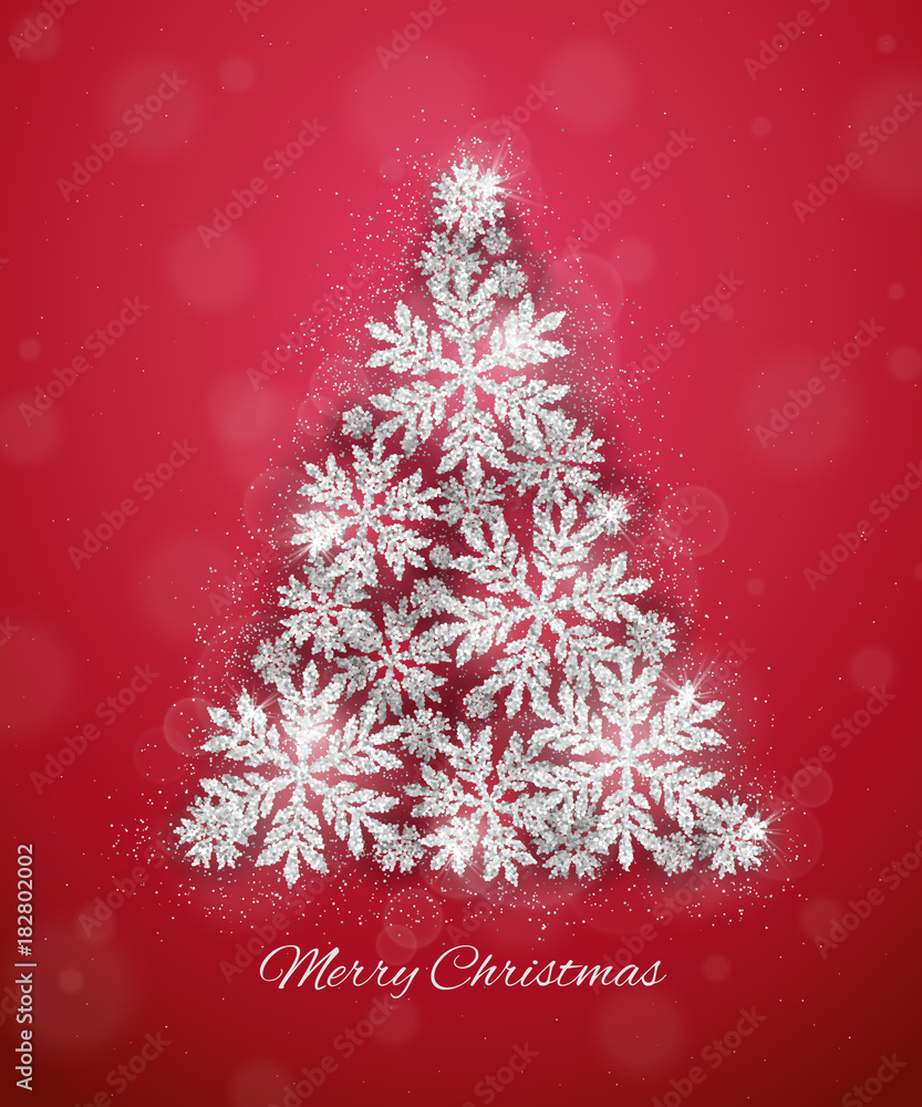 Merry Christmas and Happy New Year greeting card with silver glittering snowflakes Christmas tree on red background Merry Christmas and Happy New Year greeting card with silver glittering snowflakes Christmas tree on red background