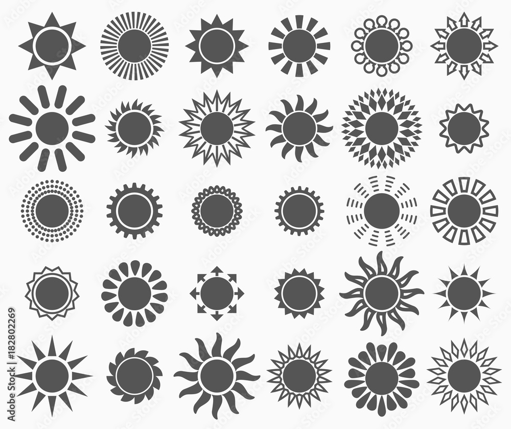 Set of vector silhouettes in the form of sun. Contours similar to stars. May be used as a sign of award, logos template or emblem. Collection of illustrations on the theme of sunny weather.
