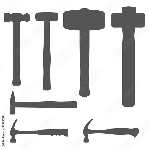 Vector set of various types of hammers: mallet, sledgehammer, maul, claw hammer. Hand tools. Outline isolated on white background. 