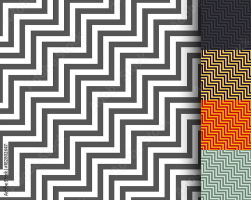 Diagonal zigzag.  Seamless vector background. Classic geometric pattern of steps. Five color options. Identical intervals between lines of different colors.