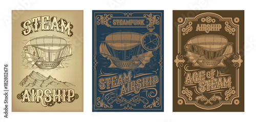 Photo Set vector steampunk posters, illustrations of a fantastic wooden flying ship in the style of engraving with decorative frame of gears and pistols