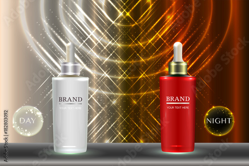Cosmetic containers with advertising background ready to use, day and night skincare ad. Illustration vector.