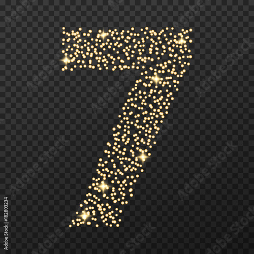 Gold glittering number seven . Vector shining golden font figure lettering of sparkles on transparent background.