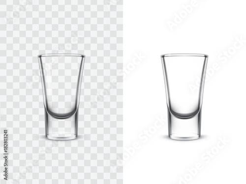 Realistic shot glasses for alcoholic drinks, vector illustration isolated on white and transparent background. Mock up, template of strong alcohol shots, such as vodka, tequila photo
