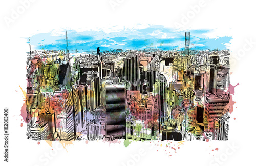 Watercolor splash with hand drawn sketch of New York City, USA in vector illustration.