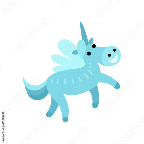 Blue fairytale unicorn with a rainbow mane cartoon vector Illustration