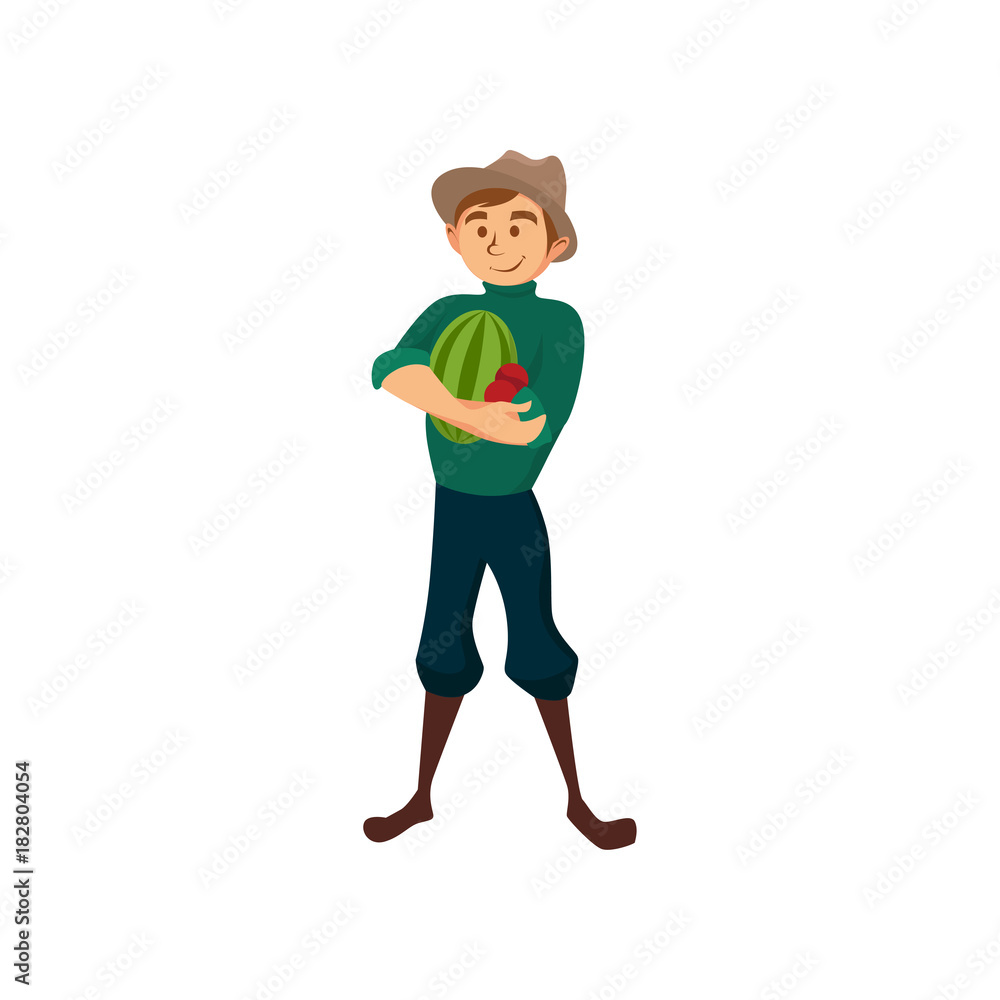 Fototapeta premium Male farmer with watermelon, gardener at work cartoon vector Illustration