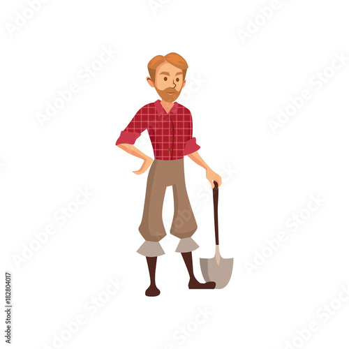 Young farmer with shovel, gardener at work cartoon vector Illustration