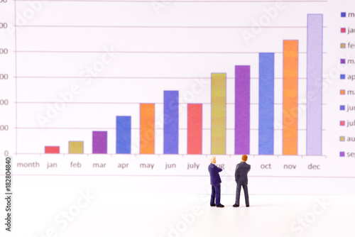 Miniature figure business people looking at bar graph chart