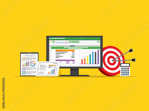 spreadsheet business finance data and marketing target strategy concept in flat design vector illustration