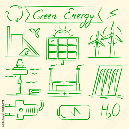 Set of renewable energy hand drawn icons