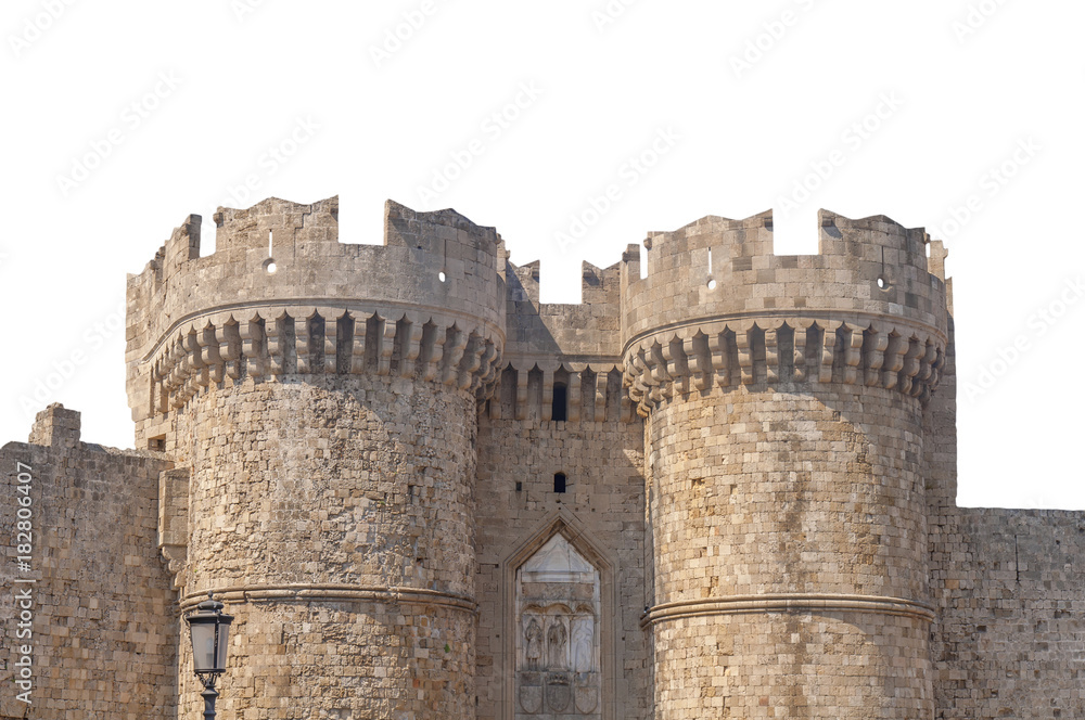 Two tower of Greek castle Rhodes old medieval isolated on white background