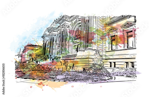 Watercolor splash with hand drawn sketch of The Metropolitan Museum of Art, colloquially "the Met," is located in New York City in vector illustration.